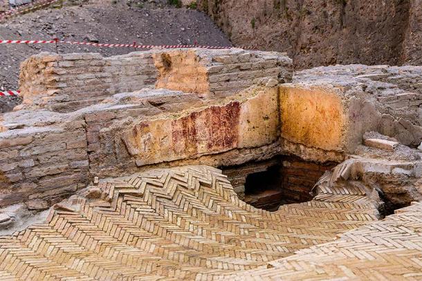 At the excavation site of the Theater of Nero in Rome, archaeologists have uncovered a fresco visible at the center of the image. (Soprintendenza Speciale Roma)