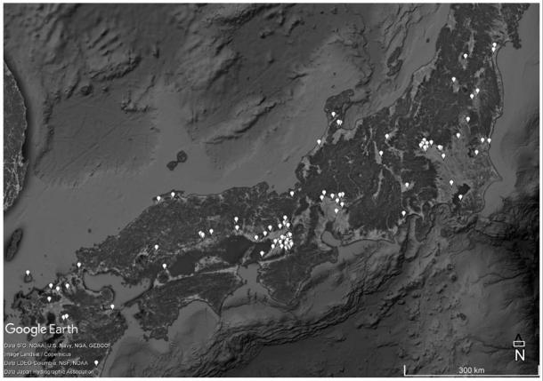 The site of the Kofun tombs considered within the satellite imagery study. (Google Earth Pro / Baratta et. al)