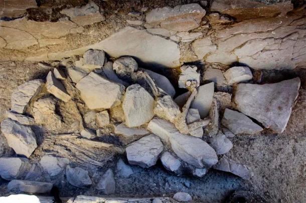 A skeleton buried in the added burial niches at the Piedras Blancas tomb. (M. Ángel Blanco de la Rubia / Antiquity Publications Ltd)