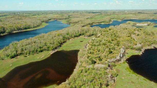 The stone outline of the huge Irish Bronze Age fortress constructed in Coole Park is clearly visible between the turlough lakes. (RTE News)