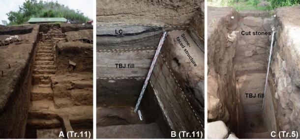 The stone-faced Maya pyramid at San Andrés: A) central staircase; B) stratigraphic relationships between the primary Loma Caldera layer, the stone-faced structure and the Tierra Blanca Joven fill; C) large quantity of Tierra Blanca Joven fill under the cut stone blocks. (A. Ichikawa/ Antiquity Publications Ltd)