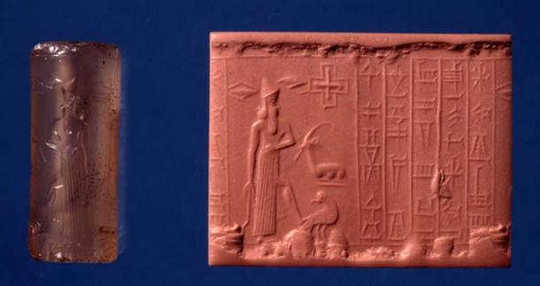 A quartz, chalcedony cylinder seal depicting a bearded male figure holding a curved sword. He has one foot on the back of a bird of prey that turns its head back towards the god. The five-line Sumerian inscription reads: Marduk, great lord, the noble, into whose hands, decisions in heaven and earth are assigned, may the servant who reverences you rejoice before you. In the British Museum’s collection.