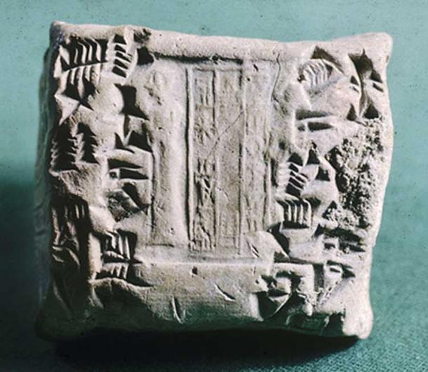 Before the writing was added, this tablet, a receipt, was marked with a cylinder seal dated to the reign of King Shulgi of Ur. Still visible is a typical Sumerian (Ur III) depiction of a standing figure of a worshiper with one hand raised, and three lines of an inscription with the name of a scribe - suggesting that the seal may have belonged to the person who wrote the tablet. (2100-2050 BC)