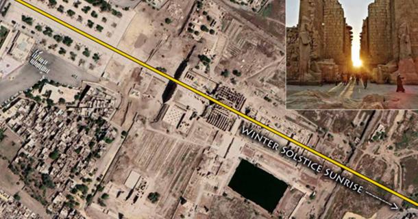 Karnak Temple winter solstice sunrise alignment. (Google Earth/Wikimedia Commons)