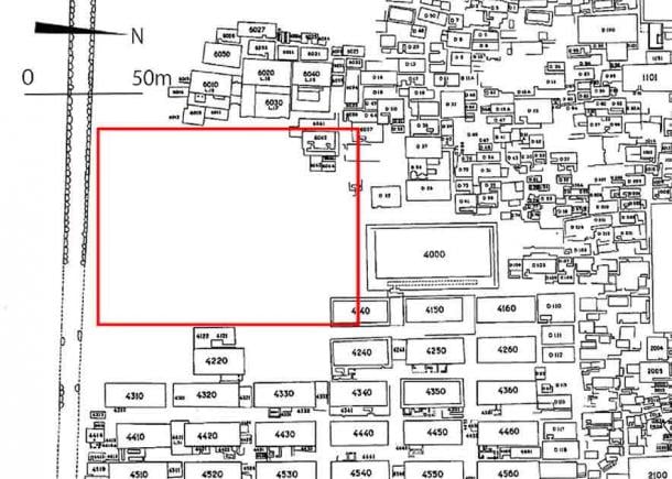 The survey area at Giza. The Western Cemetery lies right beside the Great Pyramids and was reserved for the burials of high-status individuals: it would be hard to believe that the large structure in the unknown portion was not something of importance (Motoyuki Sato et al / Archaeological Prospection)