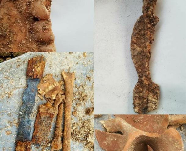 Part of the sword, skeletal remains and the earthen vessel found in the Parthian warrior’s grave. (Tehran Times)
