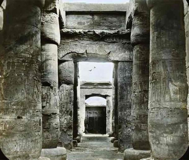 Tall and imposing, highly decorated pillars line the Temple of Seti I, in Abydos, Egypt. (Public Domain)