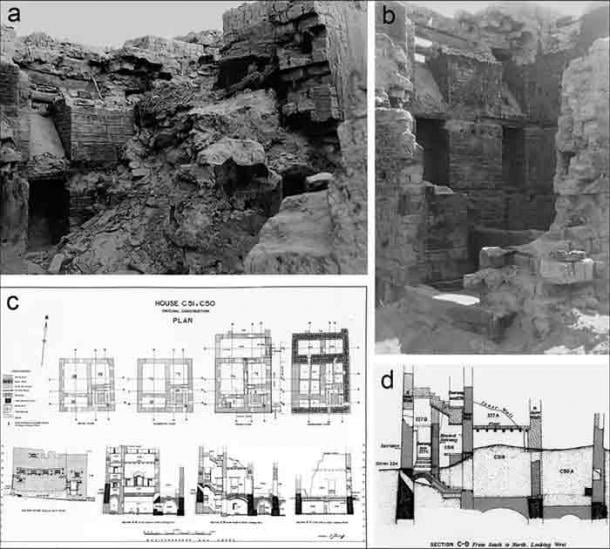 (Top row) House C51, Room B before (left) and after (right) excavation of its abandonment fill; the sand layer is visible under the second-floor collapse; bottom left) plans and sections of the house in its original configuration; bottom right) section showing the second floor as House B227 and the sand layer in Room C51B. (Laura Motta et al. / Antiquity)