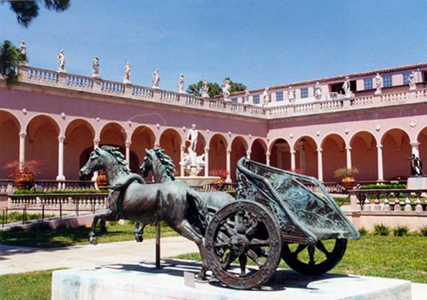 A two-wheeled, two-horse chariot reproduction at the Ringling Museum in Sarasota, Florida, United States, is similar to a type of ancient Roman chariot called a biga.