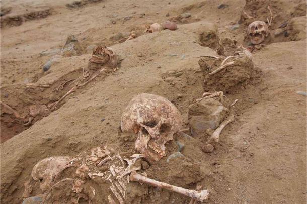 A recently υnearthed child sacrifice skeleton, at the bottoм of this image, is vivid and the teeth are all perfect. (andina / Hυanchaco Archaeological Prograм)