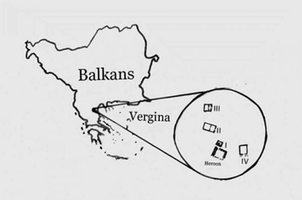 Vergina, formerly known as Aegae, is situated in the southern Balkan Peninsula. A small inset map outlines the plans of the Royal Tombs in the region.  (Antonis Bartsiokas et al. / Journal of Archaeological Science)