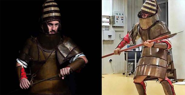 Volunteer marine soldiers in simulated combat wearing the Dendra armor replica during the empirical study (right) and an artistic photo shoot (left). Photo credit: Andreas Flouris and Marija Marković. Permission required for reproduction. (Flouris et al., 2024, PLOS ONE/CC-BY 4.0)