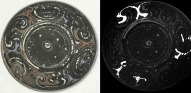A Western Han ceramic bowl from Hebei or Hanan province which contains traces of Han purple. The purple pigment becomes strongly fluorescent under infrared sensors (right). (Avery Brundage Collection)