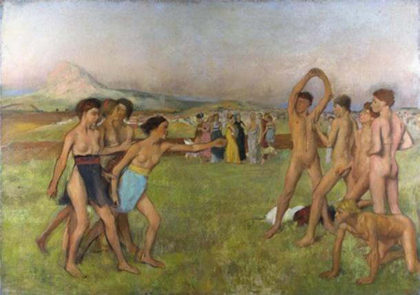 Junge spartanische Frauen und Männer trainieren nebeneinander. (Edgar Degas / Public domain)