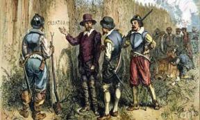 Painting by Englishman John White of Sir Walter Raleigh’s 1590 Expedition to Roanoke Island to find the Lost Colony, where they found “Croatoan” carved on a tree. This may refer to either Croatoan Island or the Croatoan people. Source: Public Domain