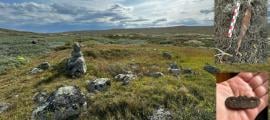 The foundation of an old hut near a hiking trail in Holmetjønn, Hardangervidda, Norway. 